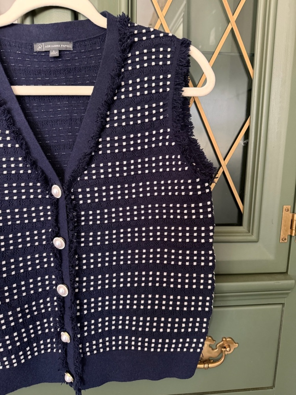 Adrianna Papell Navy & White Knit Button-Front Vest with Fringe Trim
